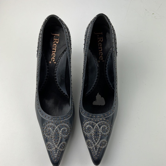 J. Renee! Gunsmoke blue leather gold studded embossed heels - Picture 3 of 13